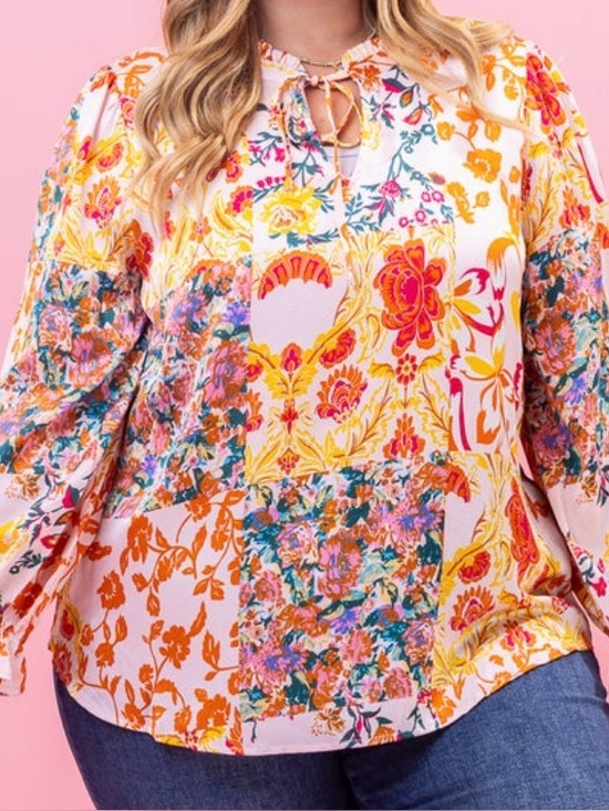 JODIFL Tops - Floral Patchwork Tie-Neck Women's long sleeve Top Pink / Yellow. Medium. Jodifl
